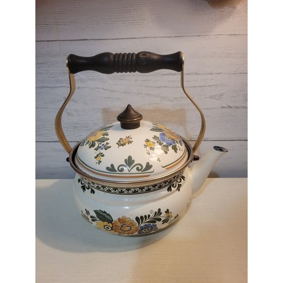 VTG 1960’s ASTA Enamelware Tea Kettle Teapot Brass Handles Floral West Germany - Picture 3 of 11